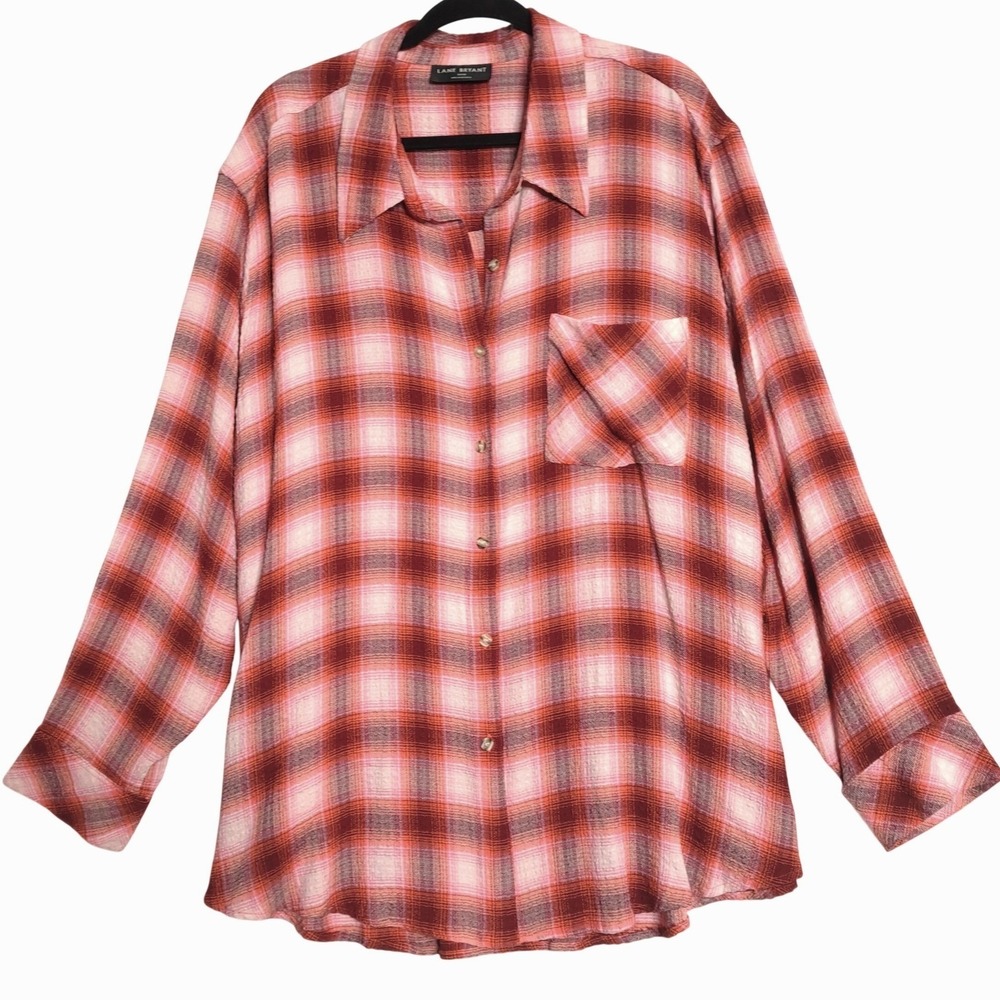 Lane Bryant Button Down Shirt Womens Plus 26/28 Pink Red Plaid Long Sleeve